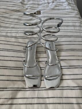 Metallic Spiral-Strap Silver Heeled Sandals